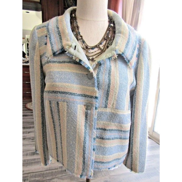 Chanel Blue & Beige Striped Wool Blend Jacket Coat Size 42, Medium - Picture 4 of 12